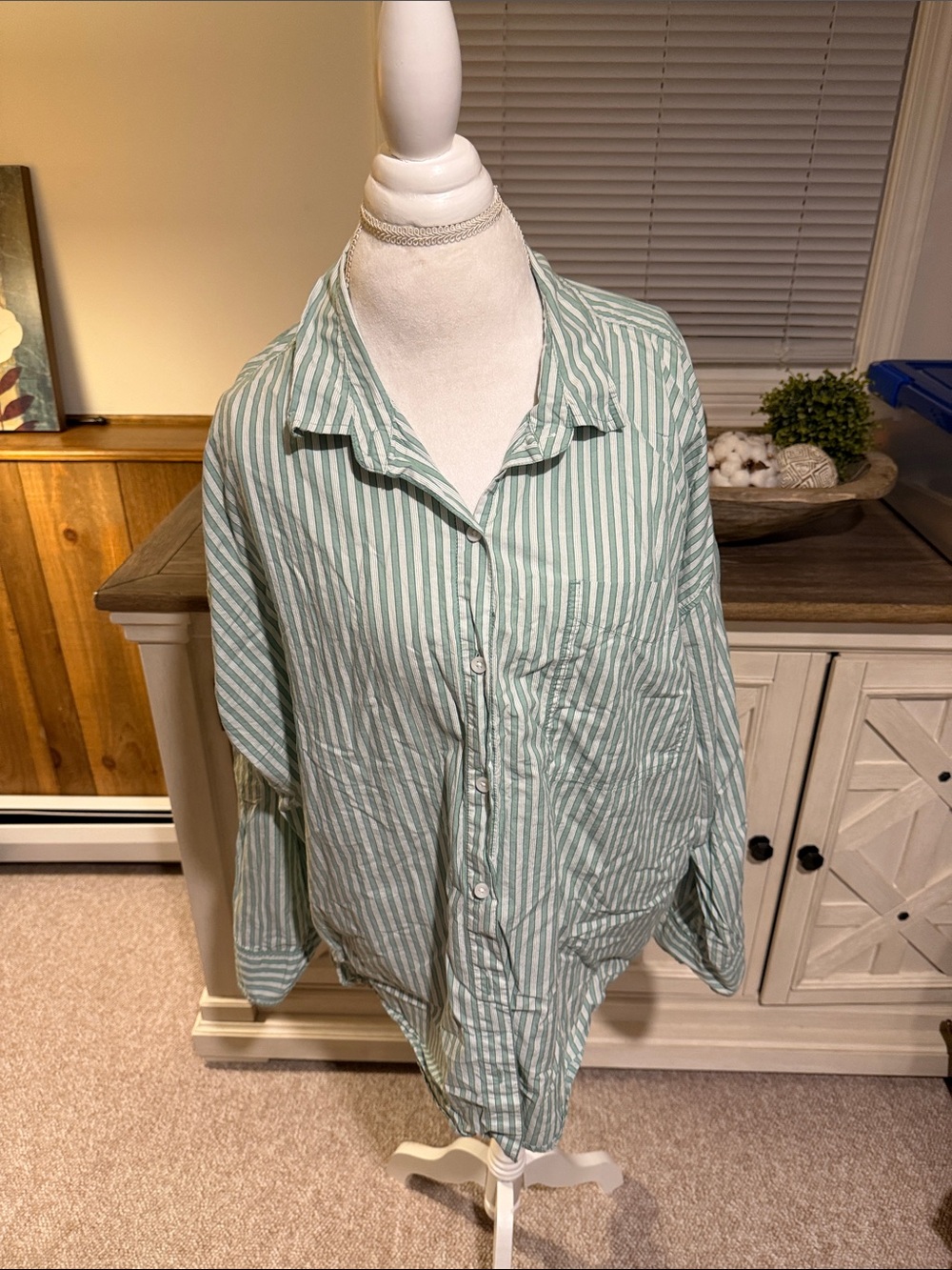 Women’s Green Striped Button-Up Shirt